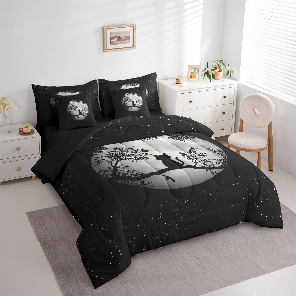 Erosebridal Moon Cat 7-Piece Bedding Set Full Size for Kids Teens Adults | Gothic Black Cat Bed in a Bag Black White Stars Starry Sky Comforter Set with Sheets Leaves Botanical Branches Duvet Insert