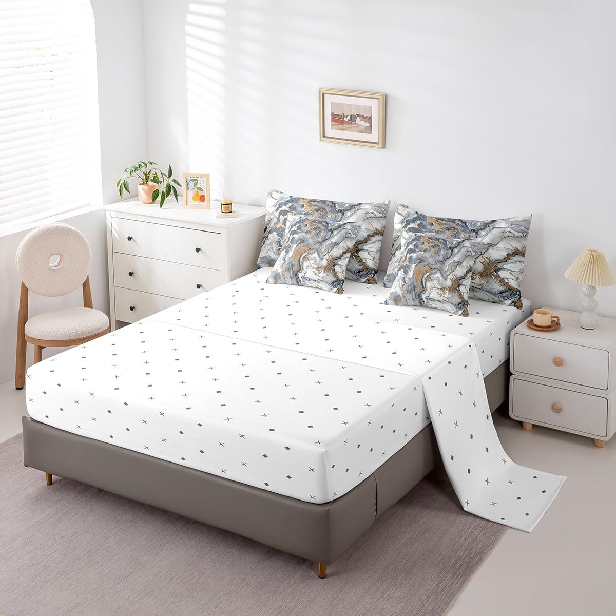 Erosebridal Marble 7 Pcs Comforter Set Queen Size Ink Fluid Bedding Modern Marbling Art Bed in A Bag for Men Women Luxury Stone Liquid Blue Gold Grey Abstract Bed Set