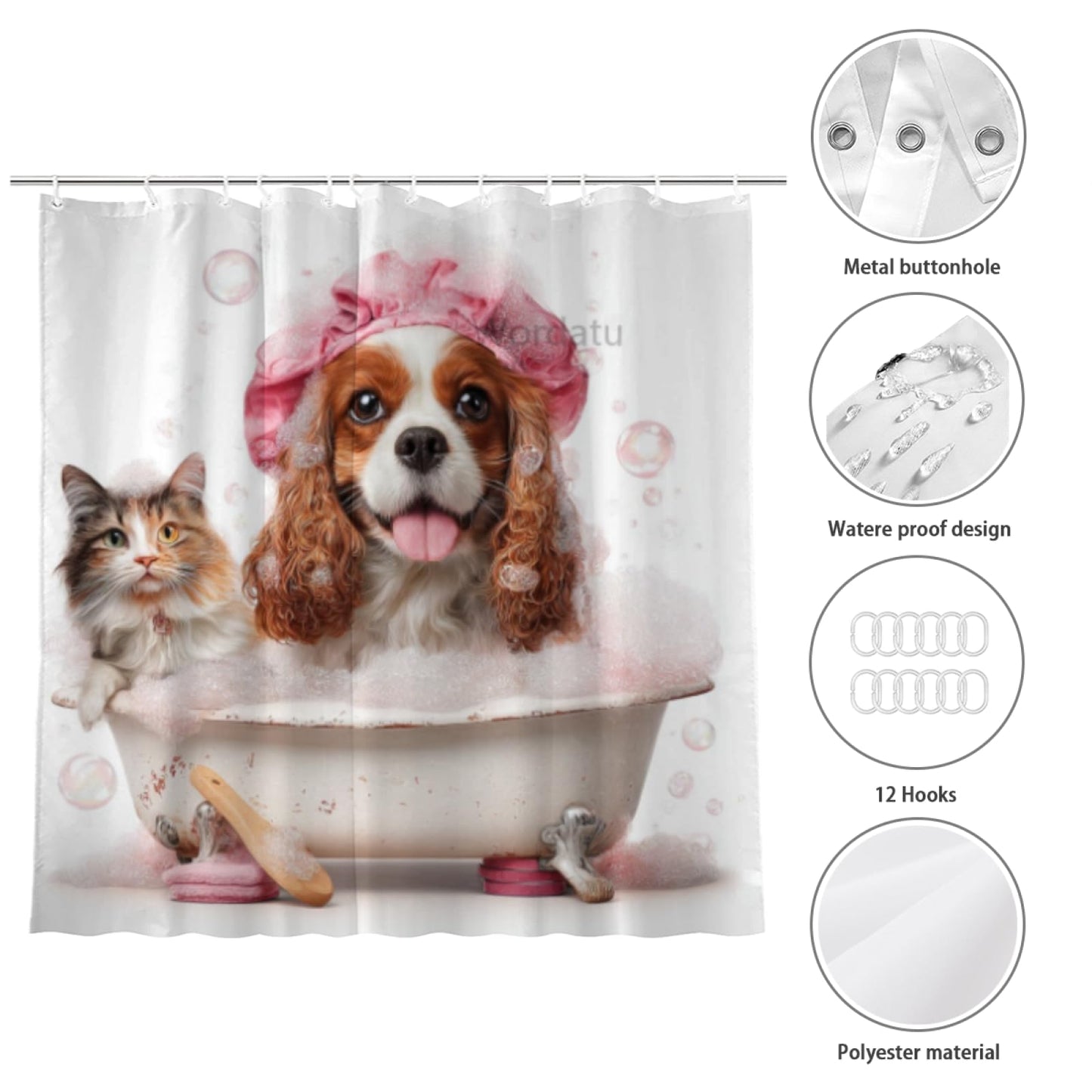 Wordatu Funny Cavalier-King-Charles Spaniel Shower Curtain Decor Fabric Bathroom Curtains, Kids Children Cartoon Waterproof 72x72 inch with 12 Hooks