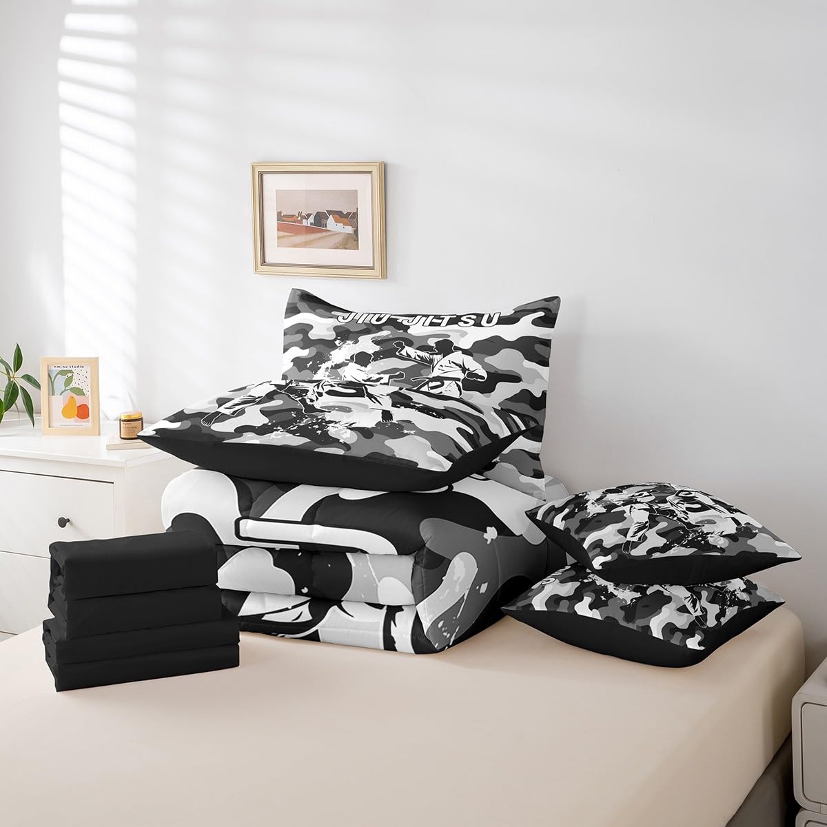 Manfei 7 Pieces Jiujitsu Comforter Set Full Size, Japanese Judo Sports Theme Bedding Set, Grey Camouflage Print Bed in A Bag with Comforter, Sheets and Pillowcases, Kids Boys Teen Room Decor