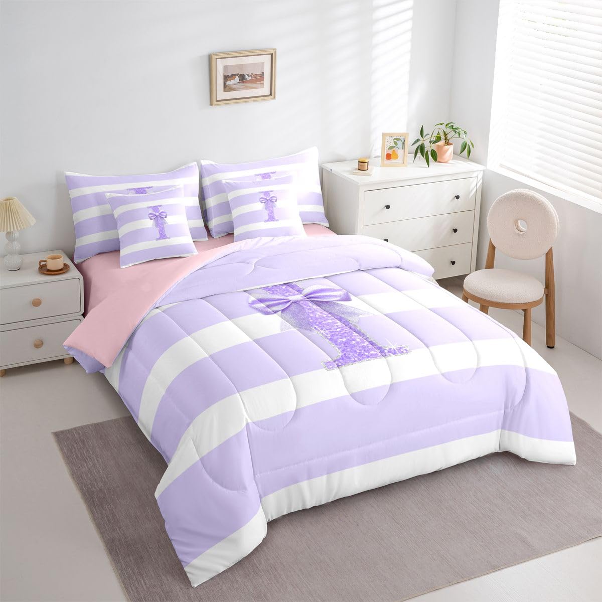 Erosebridal Monogram Letter I Kids Bed in A Bag Purple Bow Initial Letter Comforter Set Full Size Modern Aesthetic Stripes 7 Piece Bedding Set for Girls Teens Women Kawaii Glitter Bowknot Bed Sets