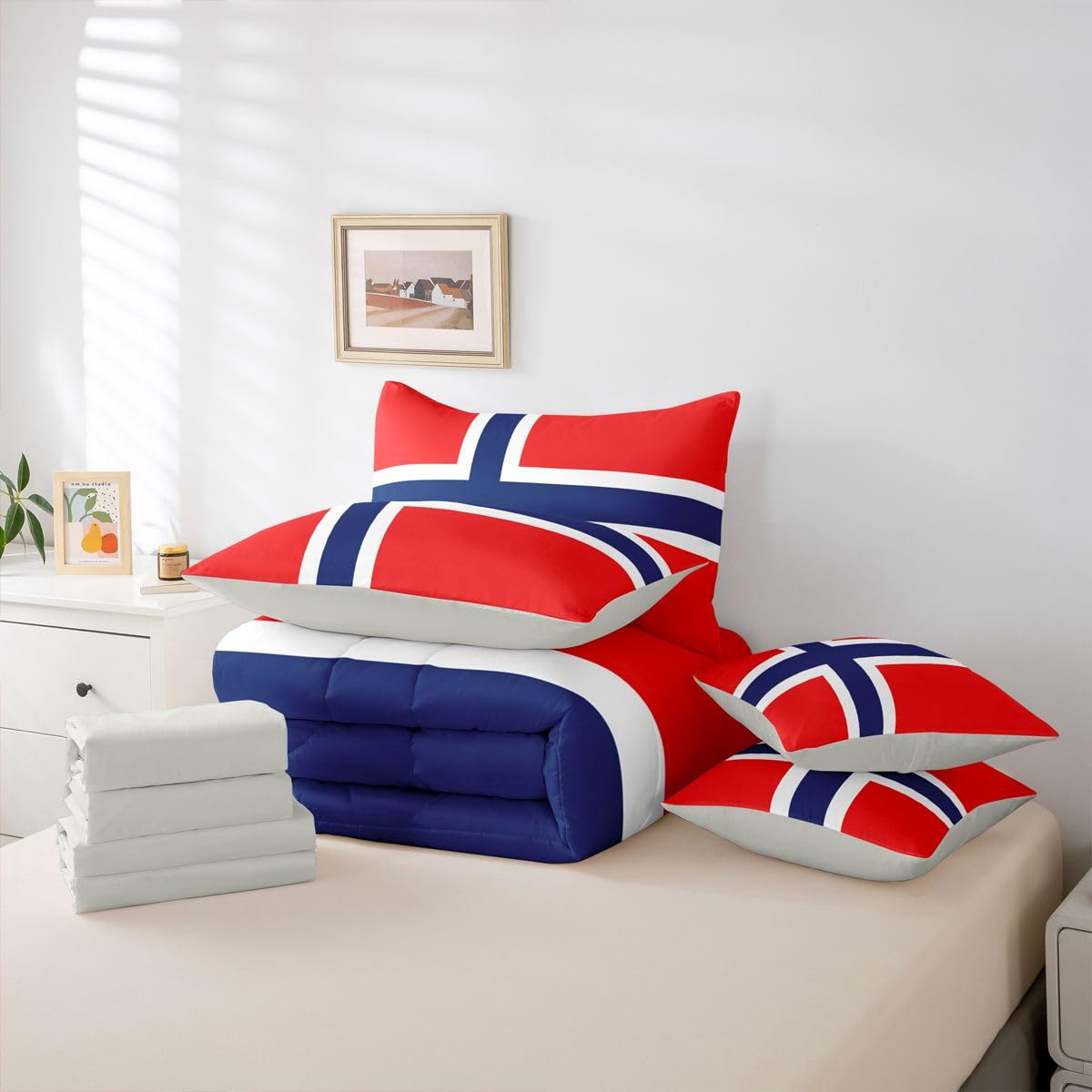 Feelyou Norwegian Flag Comforter Set with Sheets 7 Piece King Size Norway Bed in a Bag Kids Boys Girls International Flag Bedding Set Bedroom Decor Breathable Soft Lightweight Microfiber