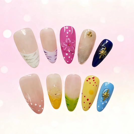 Tesytto 10pcs Handmade Press On Nails Almond Shaped - French Tip with 3D Floral & Polka Dot Design, Glossy Colorful Fake Nails Medium Length Full Coverage Acrylic Nails for Women (Dopamine Glow,M)