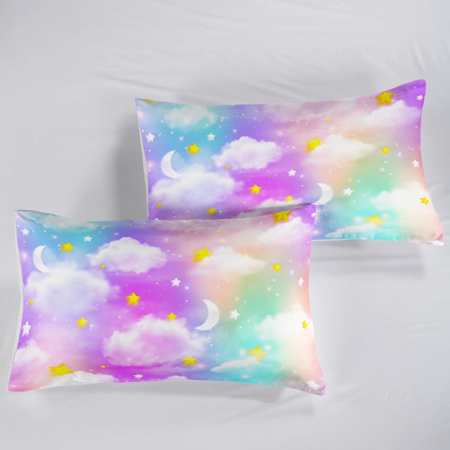 QOOMO Rainbow Clouds Kids Bed Sheets Full Size,Moon Star Print Bedding Sheet Set,4Pcs Colorful Gradient Deep Pocket Bed Sets with 1 Fitted Sheet 1 Flat Sheet 2 Pillowcases for Boys Girls Teens