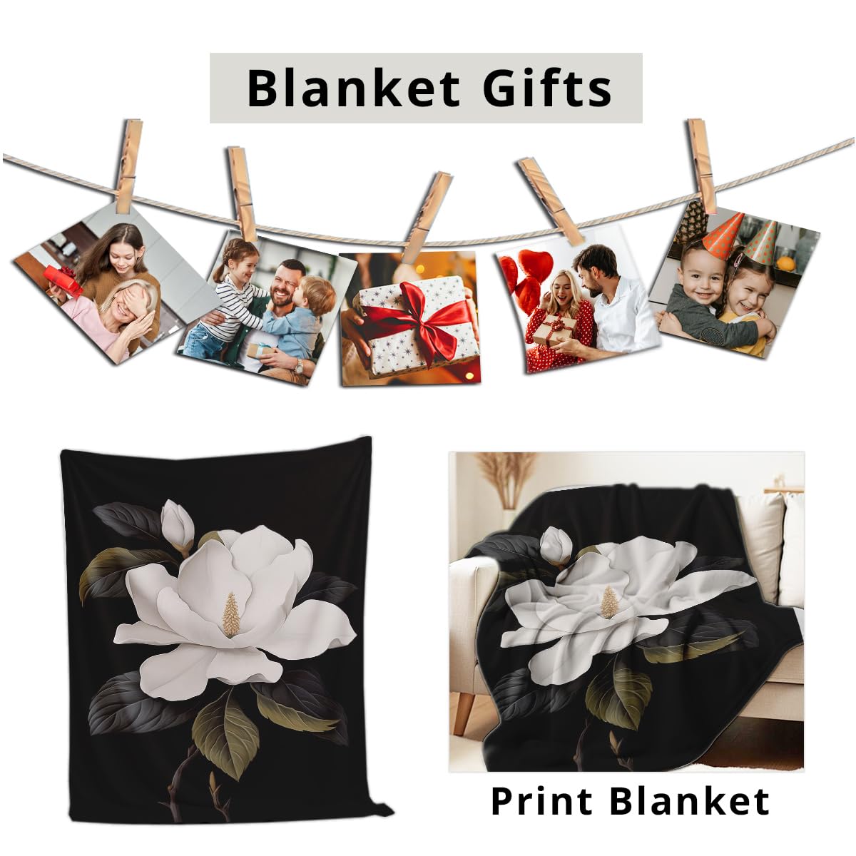 HUNXIAOJ Magnolia Print Blanket Black and White Throw Soft Magnolia Flannel Blanket Flower Bedding Decor Gifts Botanical Floral Throw for Bed Couch (59"x78")