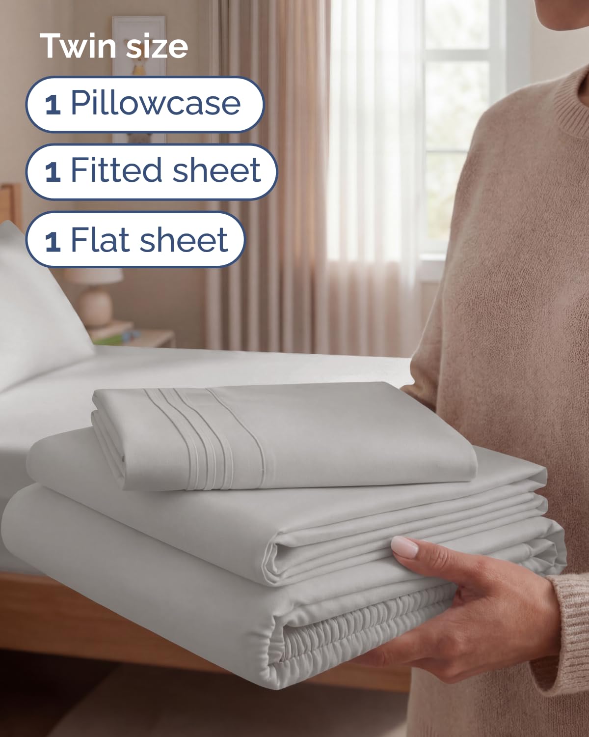 Twin Size 3 Piece Sheet Set - Comfy Breathable & Cooling Sheets - Hotel Luxury Bed Sheets for Women and Men - Deep Pockets, Easy-Fit, Soft and Wrinkle Free Sheets - Light Grey Oeko-Tex Bed Sheet Set