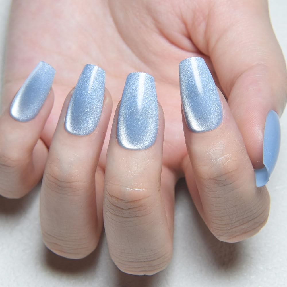 evpct Light Blue Cat Eye Coffin Press on Nails Medium Square No Glue, Medium Square Stick on Nail for Women, Light Blue Metallic Glitter Glossy Reusable Summer Soft Press on Acrylic Nail with Designs