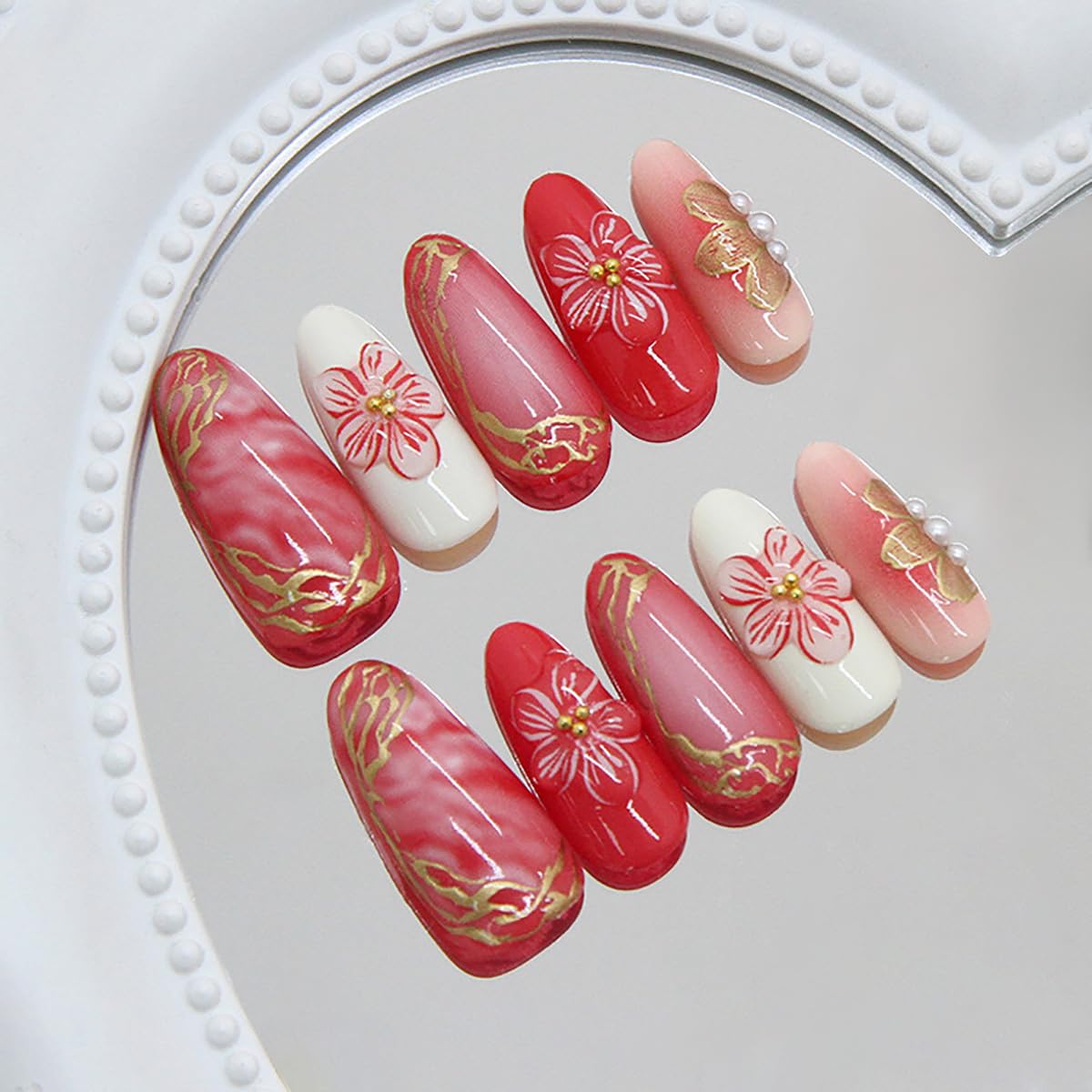 24Pcs Medium Almond Press on Nails Spring Summer Fake Nails with 3D Flowers Pearl Rhinestones Designs Full Cover Gold French Tip Stick on Nails Pink Flowers False Nails for Women Acrylic Nail Salon