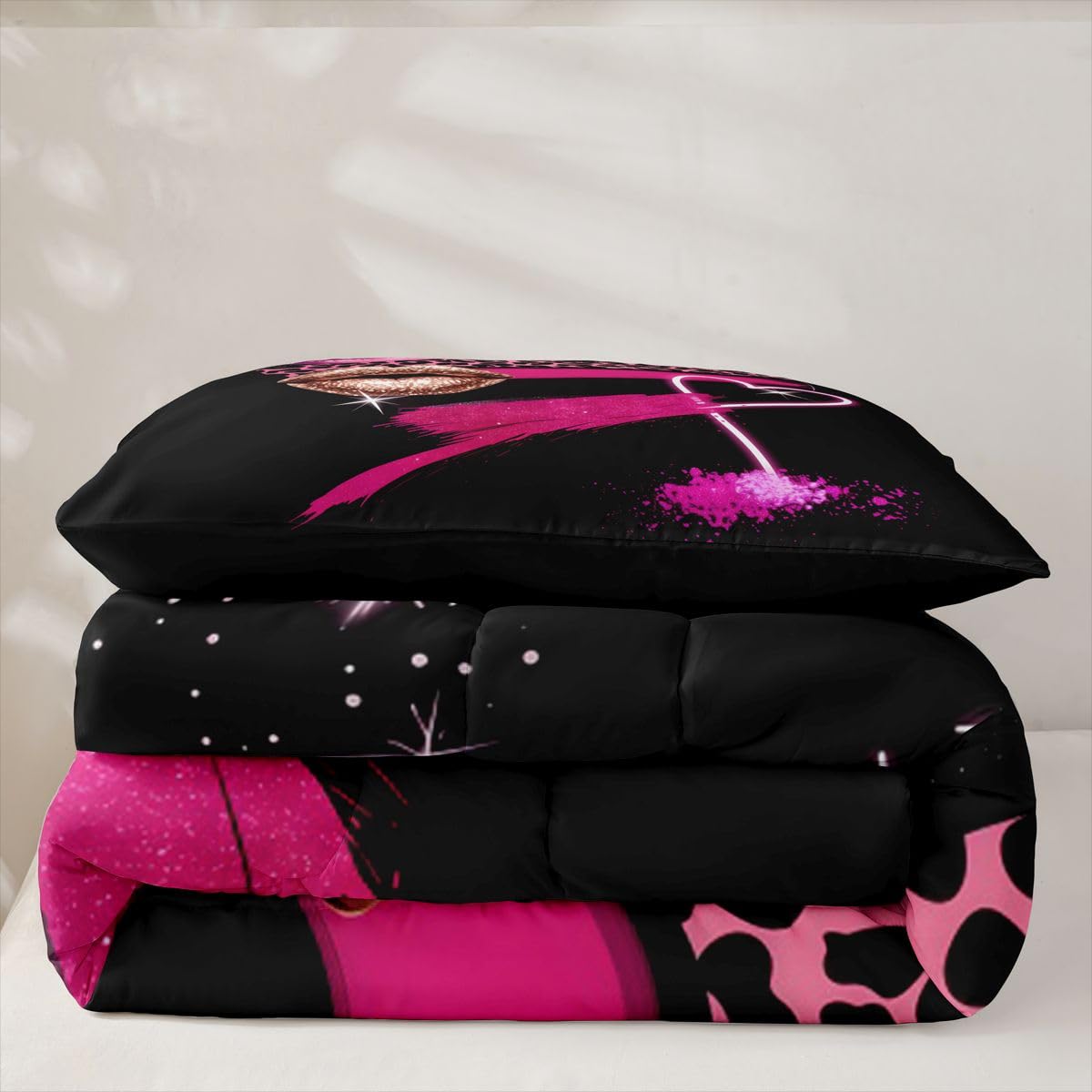 Erosebridal Black Pink Lip Comforter Set Pink Leopard Twin Bedding Sets for Girls Teen Boys Lips Print Comforter Romantic Girly Quilt