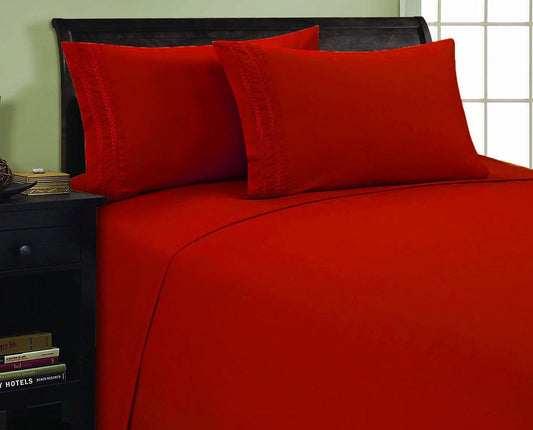 Elegant Comfort 1500 Premier Chain Design Hotel Quality Luxurious Silky Soft Wrinkle & Fade Resistant 4 pc Sheet Set, Deep Pocket Up to 16" - Queen Red