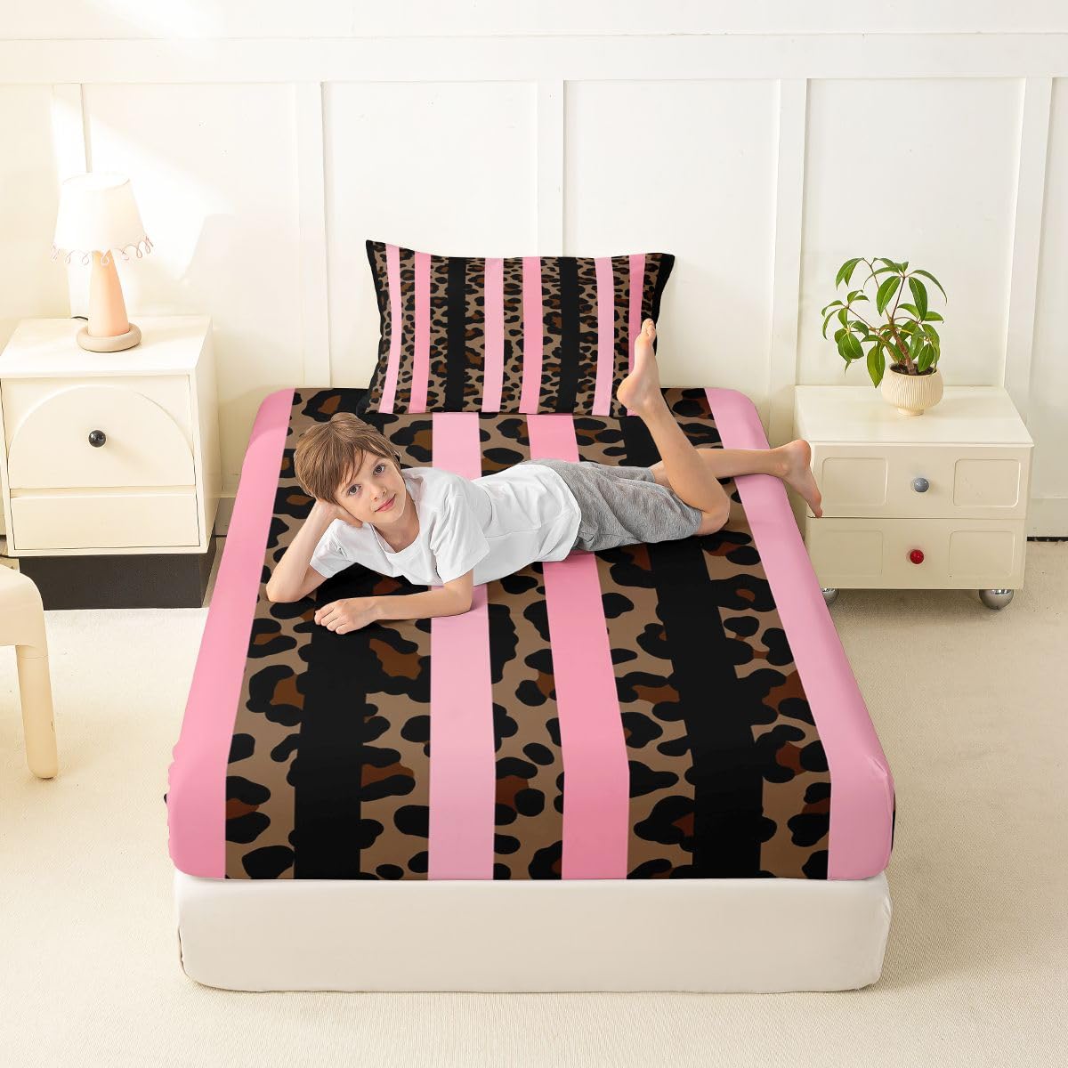 jejeloiu Brown Leopard Print Fitted Sheet with 1 Pillowcase Twin Size Abstract Bed Sheets Set 16" Deep Pocket Boys Girls Leopard Stripes Bedding Teens Bedroom Decor Breathable