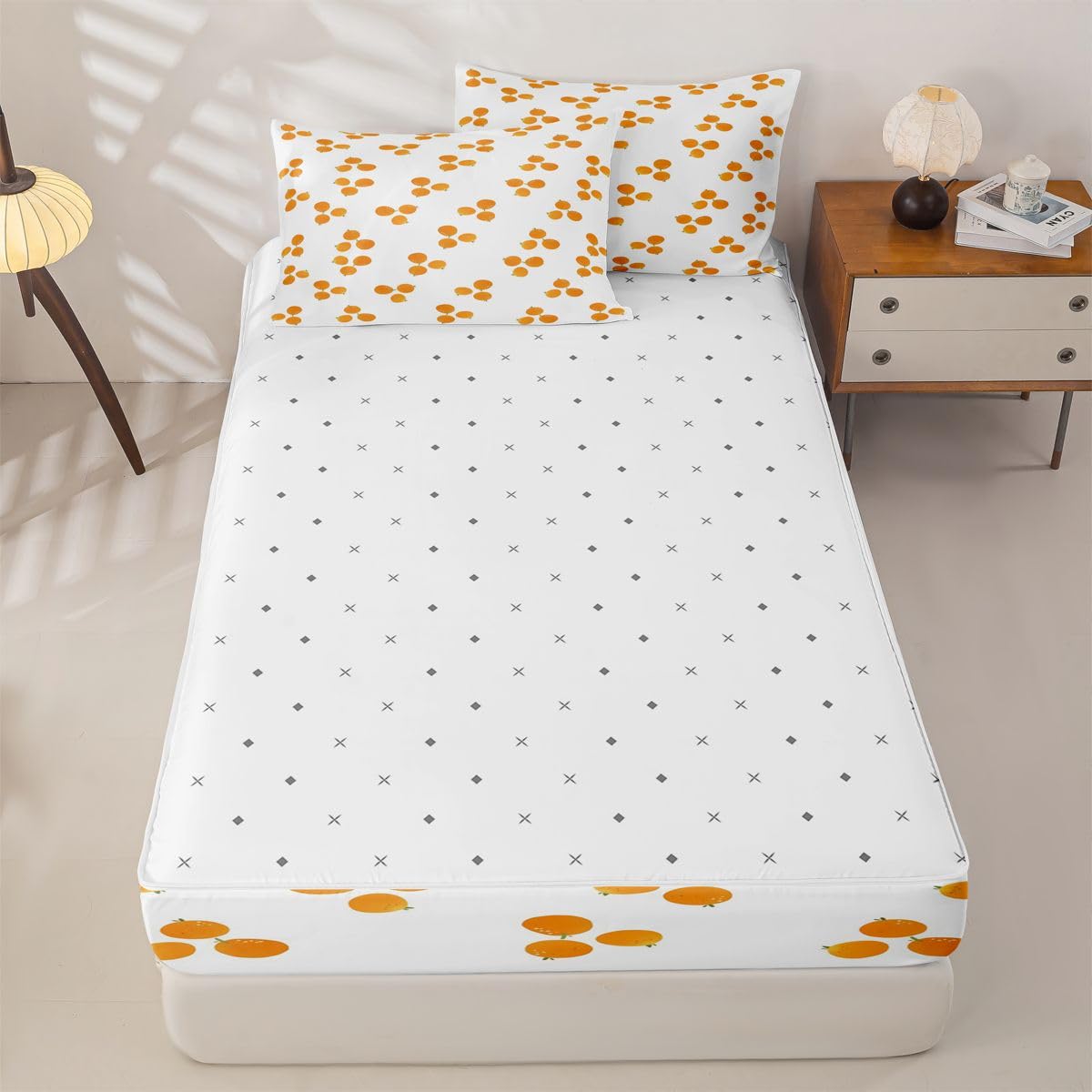 Erosebridal Orange Zipper Bedding Set Twin Modern Zip Up Comforter Set with Sheets Cartoon Fruit Bed in a Bag Hand Drawn Print Bed Sets with 2 Pillowcases