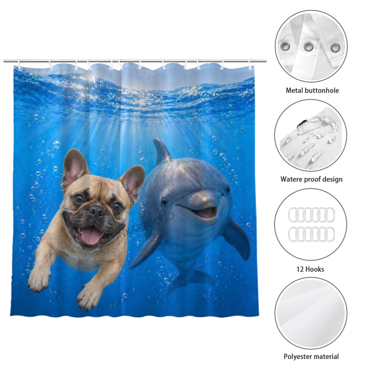 LFINKARTGOGO Ocean French Bulldog Shower Curtain 72x72 with 12 Hooks Underwater Animal Dolphin Waterproof Washable Polyester Bath Curtain for Home Hotel Decor