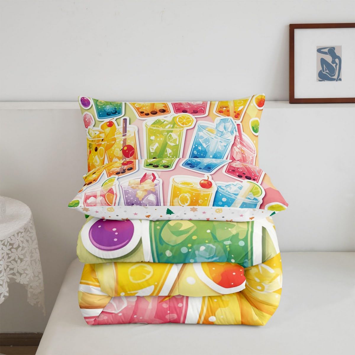 Erosebridal Kawaii Boba Tea Bedding Set Queen Size,Bubble Tea Comforter Set Funny Gifts for Kids Teen Girls,Fruit Print Quilt Bed Set Cute Rainbow Bed Comforter Sets with 2 Pillowcases Room Decor