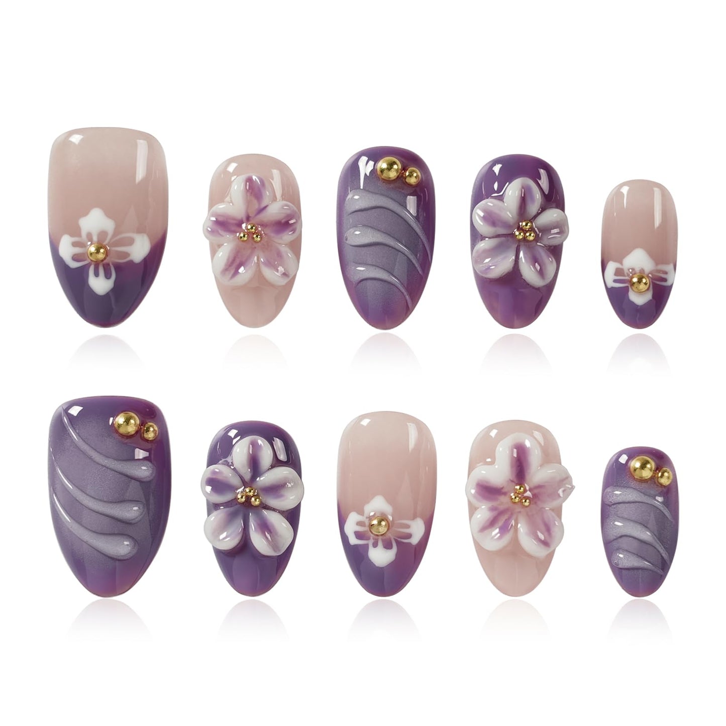 Tesytto Handmade Press on Nails with 3D Ombre Purple Flower - Lavender Floral Short Almond Nails - Full Cover Stick on Nails for Women & Girls (Blossom Purple Dream, M)