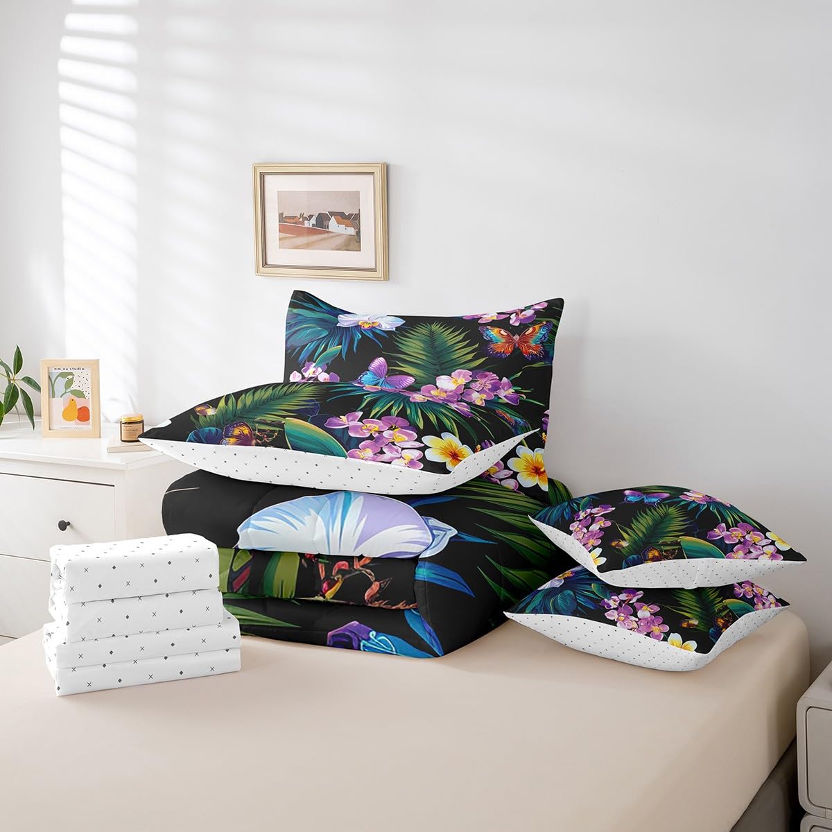 jejeloiu Butterfly Comforter Set 7 Pieces Full Size Kids Tropical Leaves Bed in a Bag for Boys Girls Botanical Bedding Set Nature Summer,Comforter + Sheets + Pillowcases + Cushion Covers
