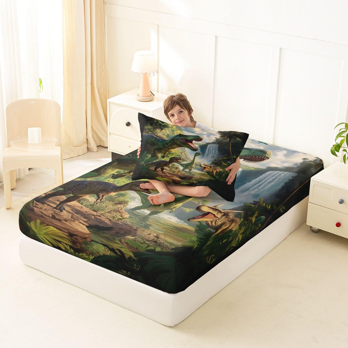 Feelyou Dinosaur Bed Sheets Set Twin Size 3D Digital Print Bed Set Jungle Dino Deep Pocket Fitted Sheet Wild Animal Breathable Soft Lightweight Microfiber Green White Brown