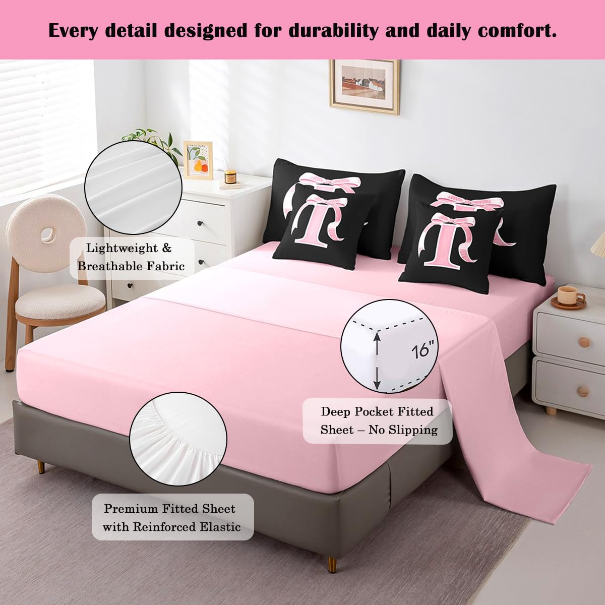 jejeloiu Kids Girls Black Pink Bow Comforter Set with Sheets Twin Size Monogrammed 7 Piece Bedding Set Personalized Initial I Bed in a Bag with Comforter,Sheets,Pillowcases Modern Fashion Bed Set