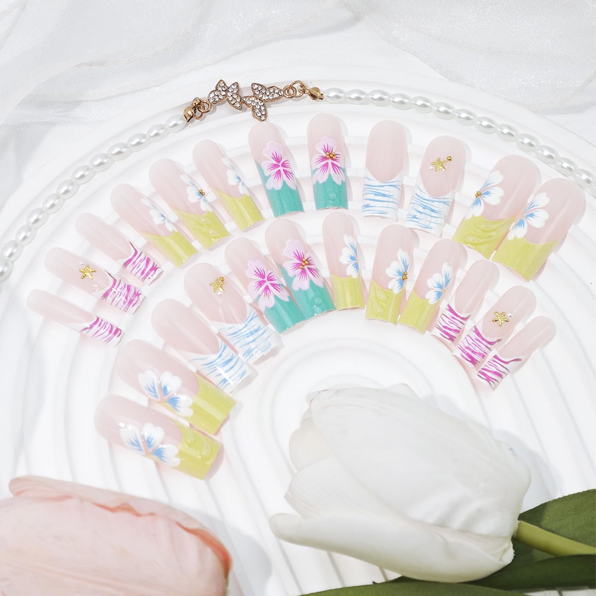 24Pcs Long Square Press on Nails Spring Floral Fake Nails with 3D Flower Starfish Pearl Rhinestones Designs Glitter Full Cover Nude Pink Glue on Nails Cute False Nails for Women Acrylic Manicure Decor