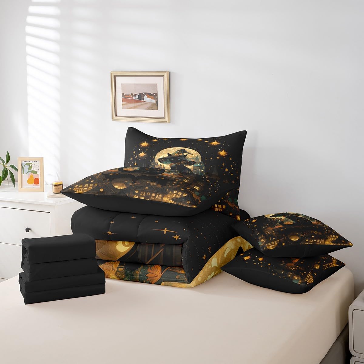 Feelyou Happy Halloween 7 Piece Bedding Set Twin Size Black Cat for Kids Boys Girls Teens Magic Hat Bed in a Bag Comforter Set with Sheets Horror Castle Bed Set