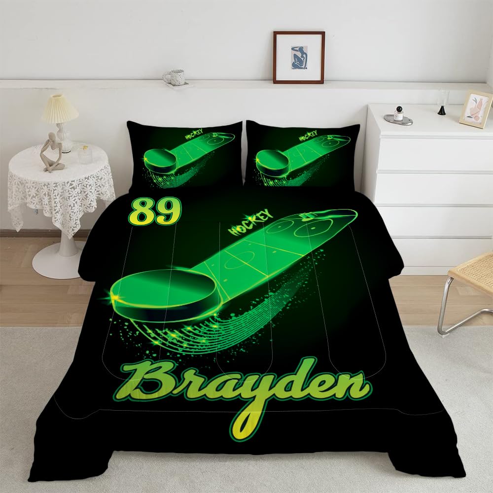 WAZARO Personalized Hockey Comforter Set, Hockey Bedding Twin Full Queen King, Hockey Blankets for Boys Ice Hockey Tapestry Down Comforters Hockey Bedroom Decor (Green Hockey Stadium)