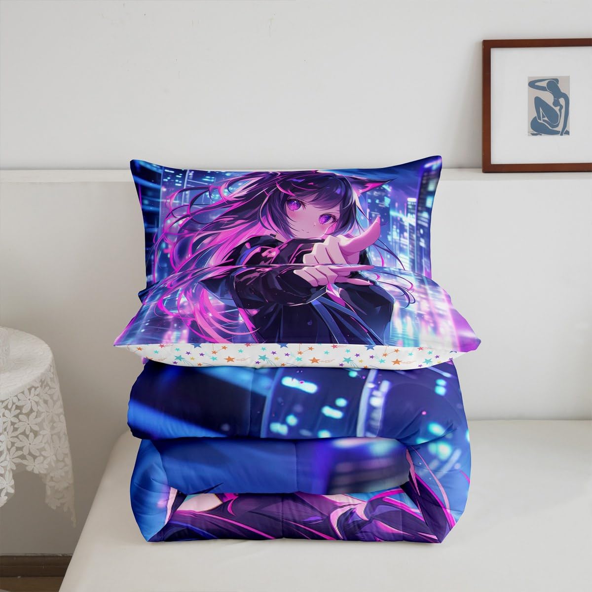 Erosebridal Kids Anime Girl Full Size Comforter Set, Japanese Anime Bedding Set, Cartoon Girl Quilt for Boys Teens Bedroom Decor, Kawaii Japanese Animation Duvet Insert with 2 Pillow Cases