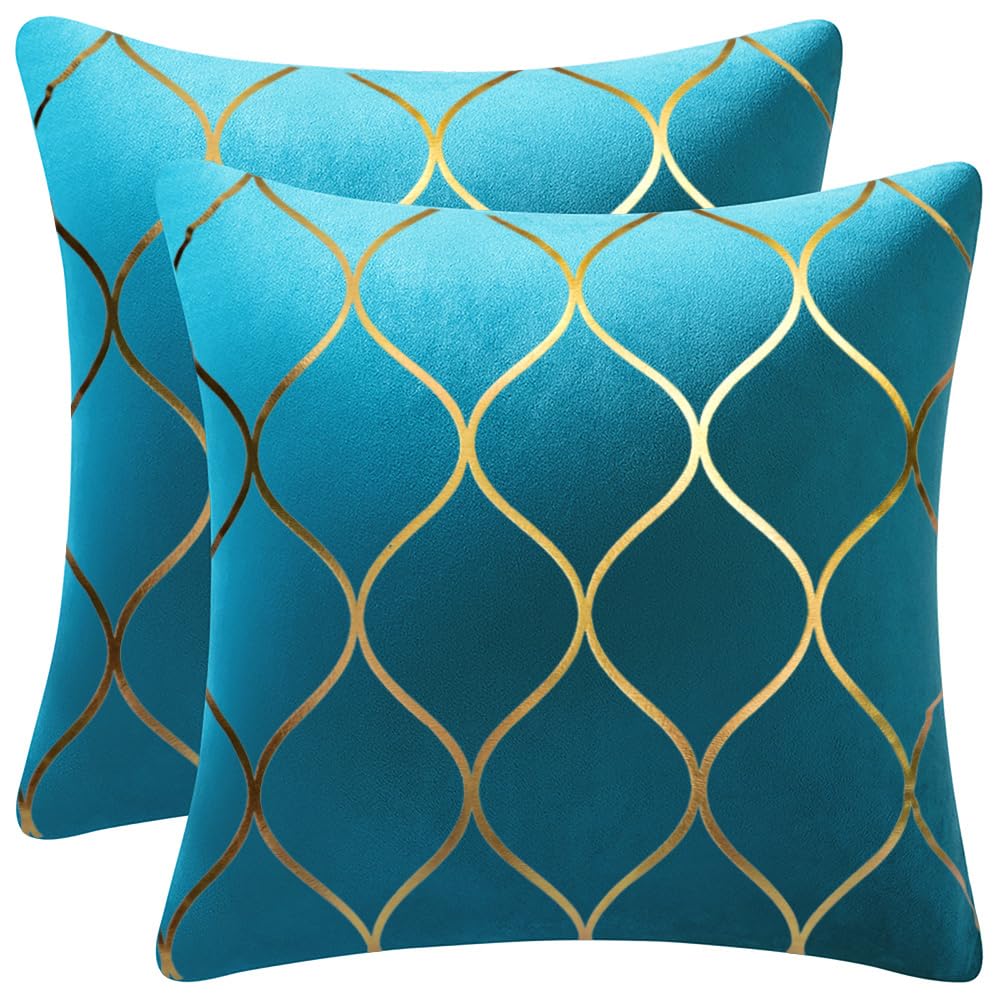 DEZENE 20x20 Inch Gold Velvet Throw Pillow Covers: 2 Pack Square Decorative Pillow Cases for Bedroom Sofa Couch Living Room, Turquoise