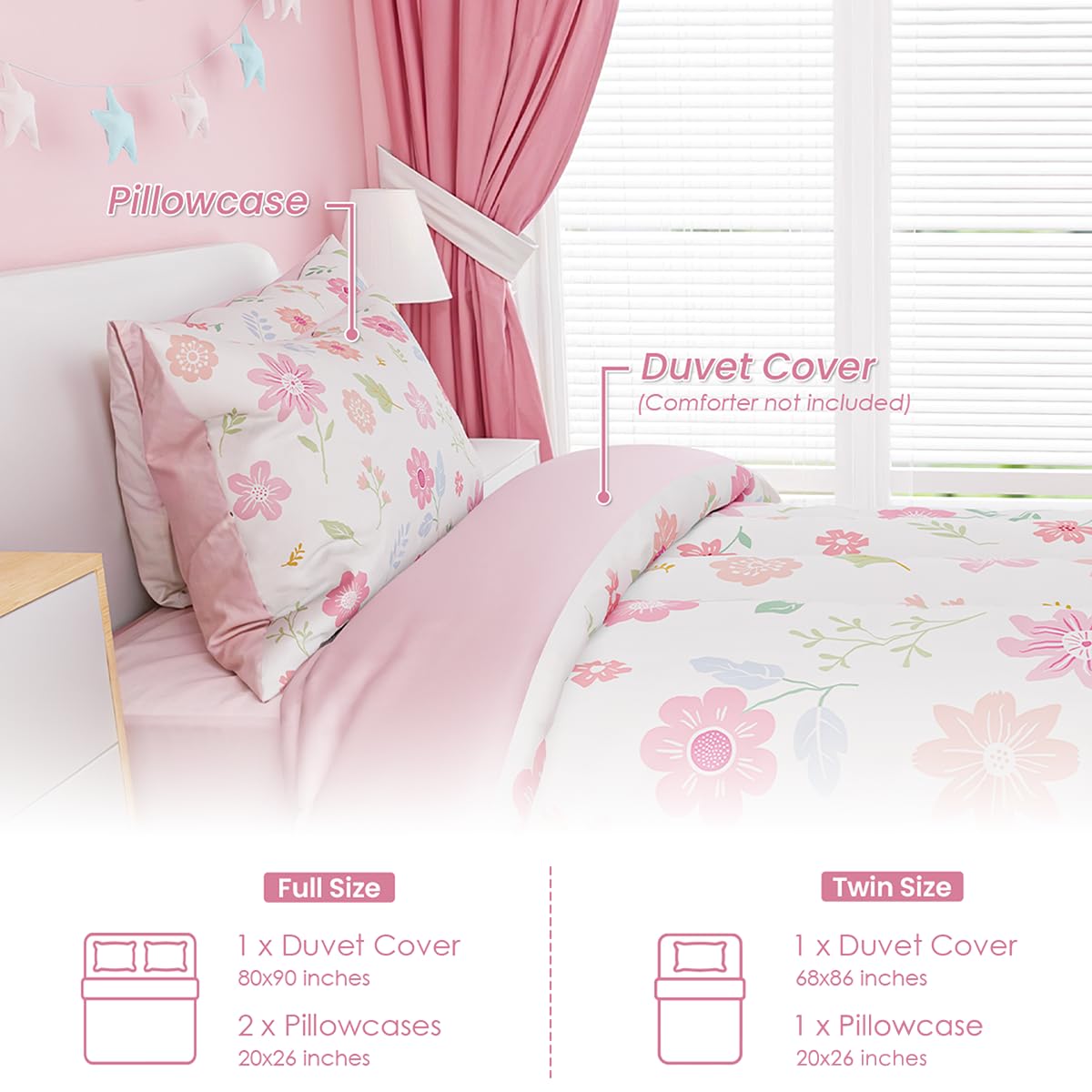 SANDJEST Floral Duvet Cover Sets Full Size for Kids Girls, Incude 1 Polyester Comforter Cover 80x90 Inches and 2 Pillowcases 20x26 Inches, Comforter Not Included, Gift for Christmas Birthday