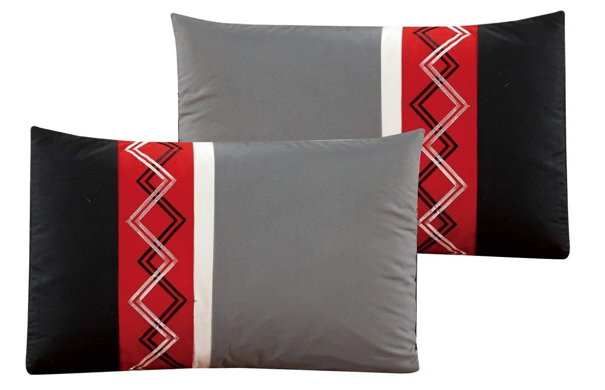 Chezmoi Collection Arden 7-Piece Modern Pleated Stripe Embroidered Zigzag Bedding Comforter Set (Queen, Red/Black/Gray/Off-White)