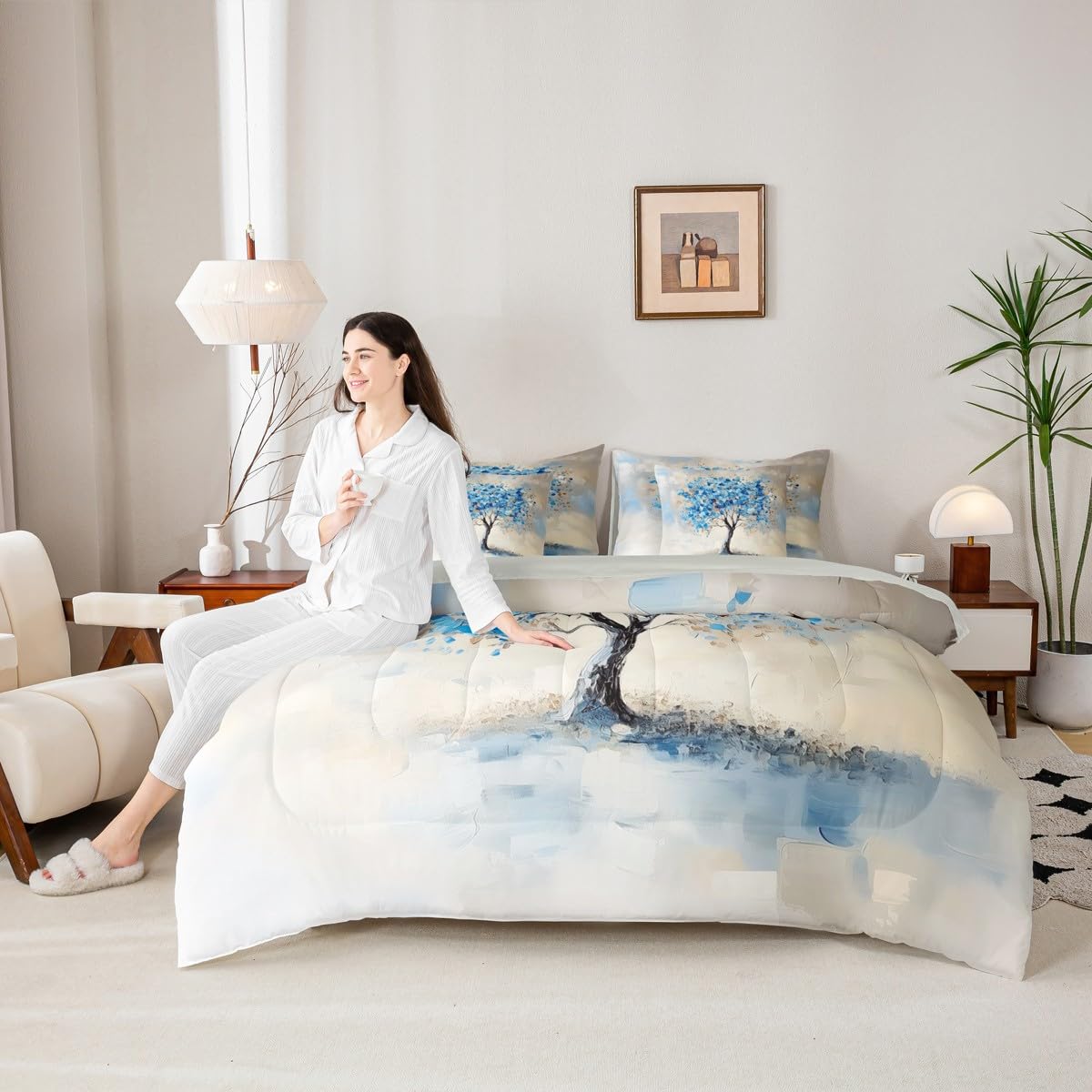 Dark Blue Tree Branches Pattern 7 Pieces Bedding Set Twin Size Kids Leaf Branches Bed in a Bag with Comforter, Pillowcases Fallen Leaves Bed Set Breathable Botanical Room Comforter Set with Sheets