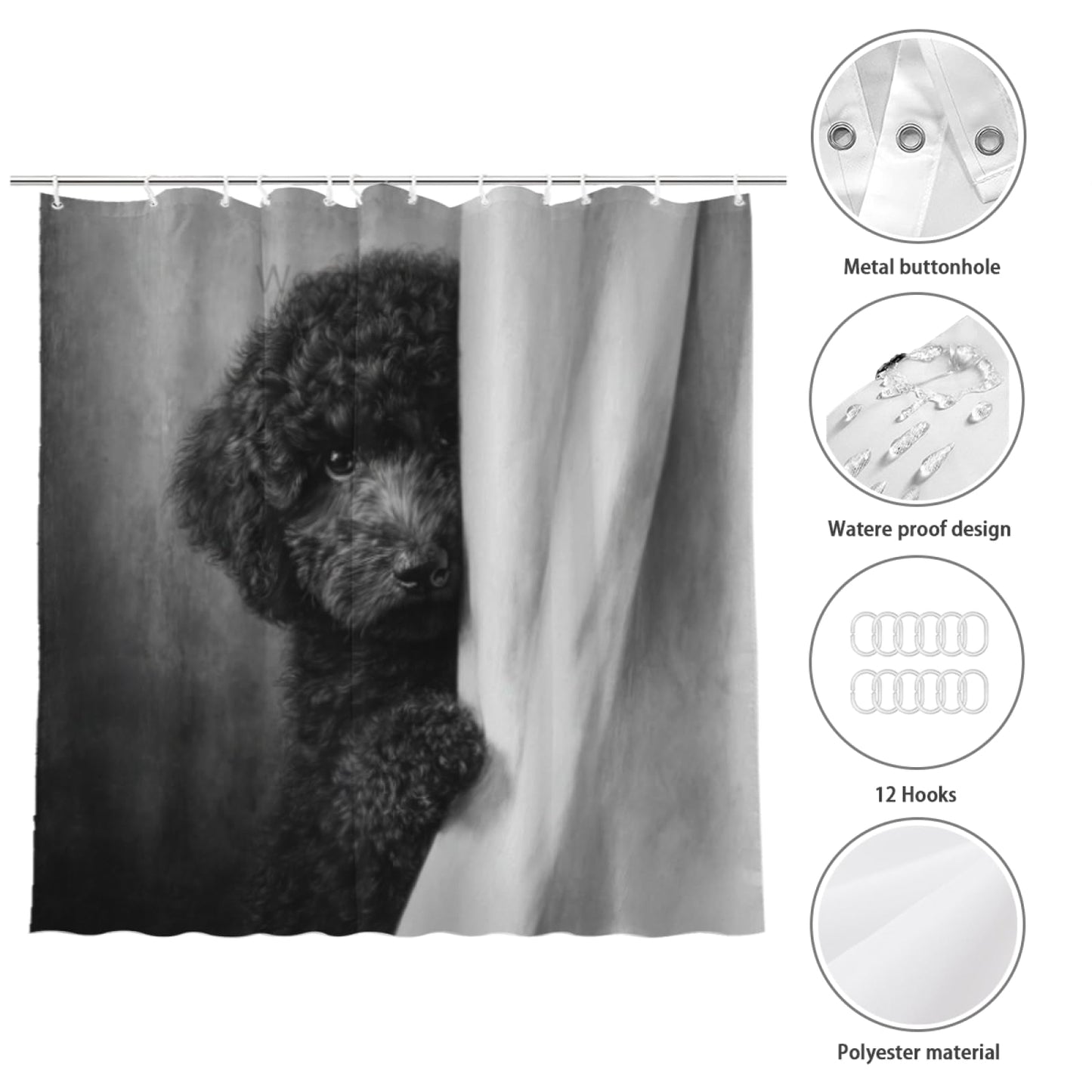Wordatu Poodle Shower Curtain Funny are You Pooping Black and White Bath Curtain Bathroom Decor Animal Toilet Decor Water Resistant Fabric with 12 Hooks 72x72