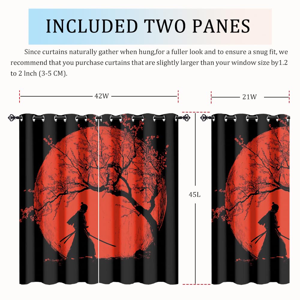 XSUPFLYM Rustic Vintage Japanese Samurai Privacy Blackout for Living Room Curtains Beautiful Abstract Cherry Blossom Tree Red Sun Pattern Curtains Top Grommets Window Treatment 2 Panels 21" W x 45" L