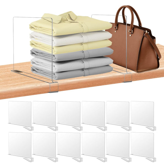 xydstay 12 Pack Acrylic Shelf Dividers for Closet Organization, Purse Organizers for Closet, Clothing Dividers, Handbag Organizers for Shelves Separator Clear