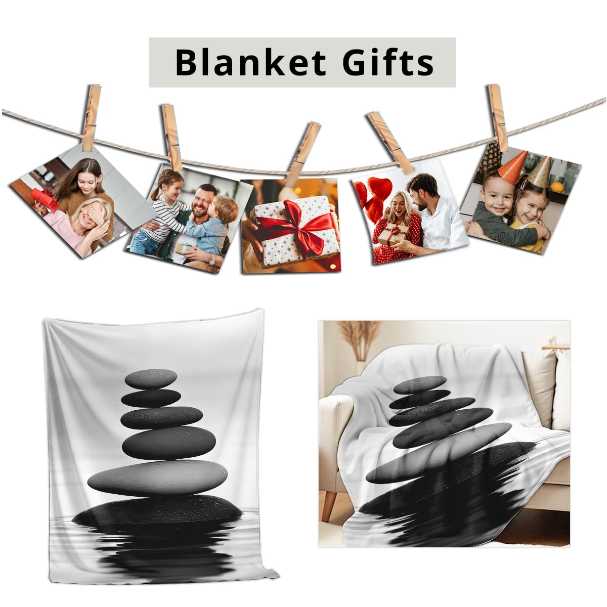 HUNXIAOJ Zen Stone on Water Print Blanket Black and White Flannel Blanket Spa Throw for Home Bedding Couch Bed Yoga Room Meditation Decor Gifts (49"x59")