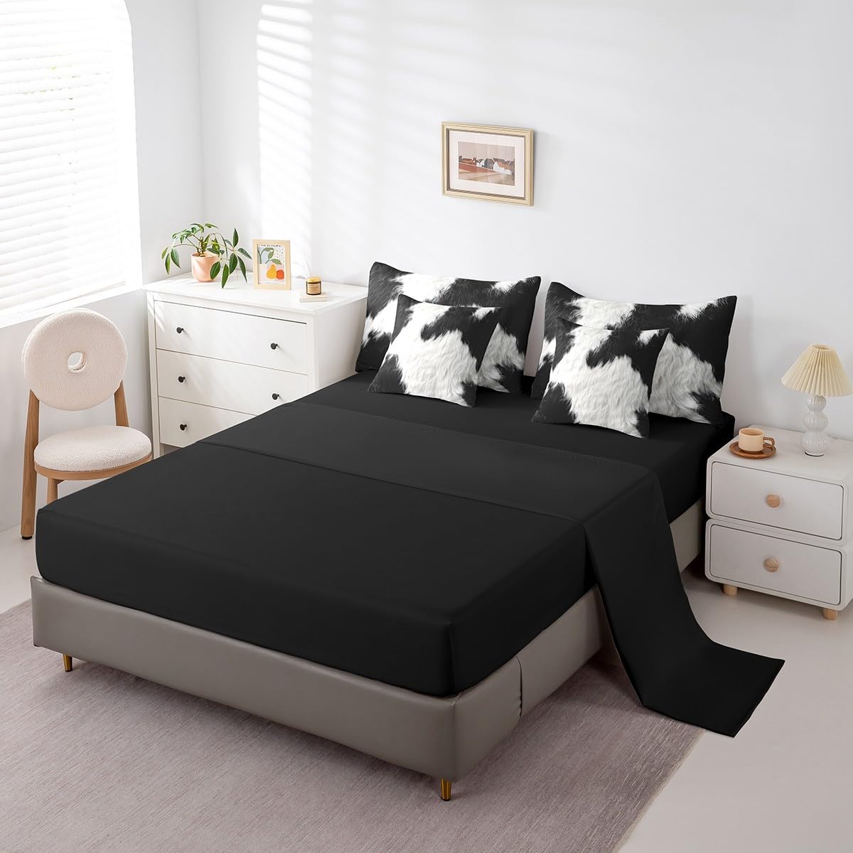Erosebridal Cute Cow Print King Bedding Set 7 Piece for Boys Black White Cowhide Bed in A Bag for Kids Teens Youth Adult Western Farmhouse Fur Comforter Set with Sheetcountry Animal Skin Bed Sets