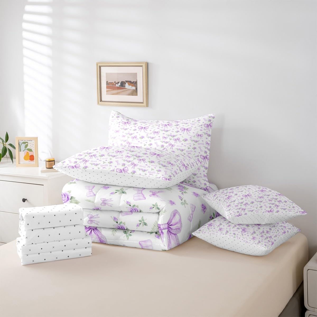 Erosebridal 7 Piece Purple Bow Bedding Set for Toddler Kids Teen Girl Girly Rose Floral Bow Twin Comforter Set with Sheets Preppy Bed in A Bag Aesthetic Coquette Bedding Comforter Sets with Flower