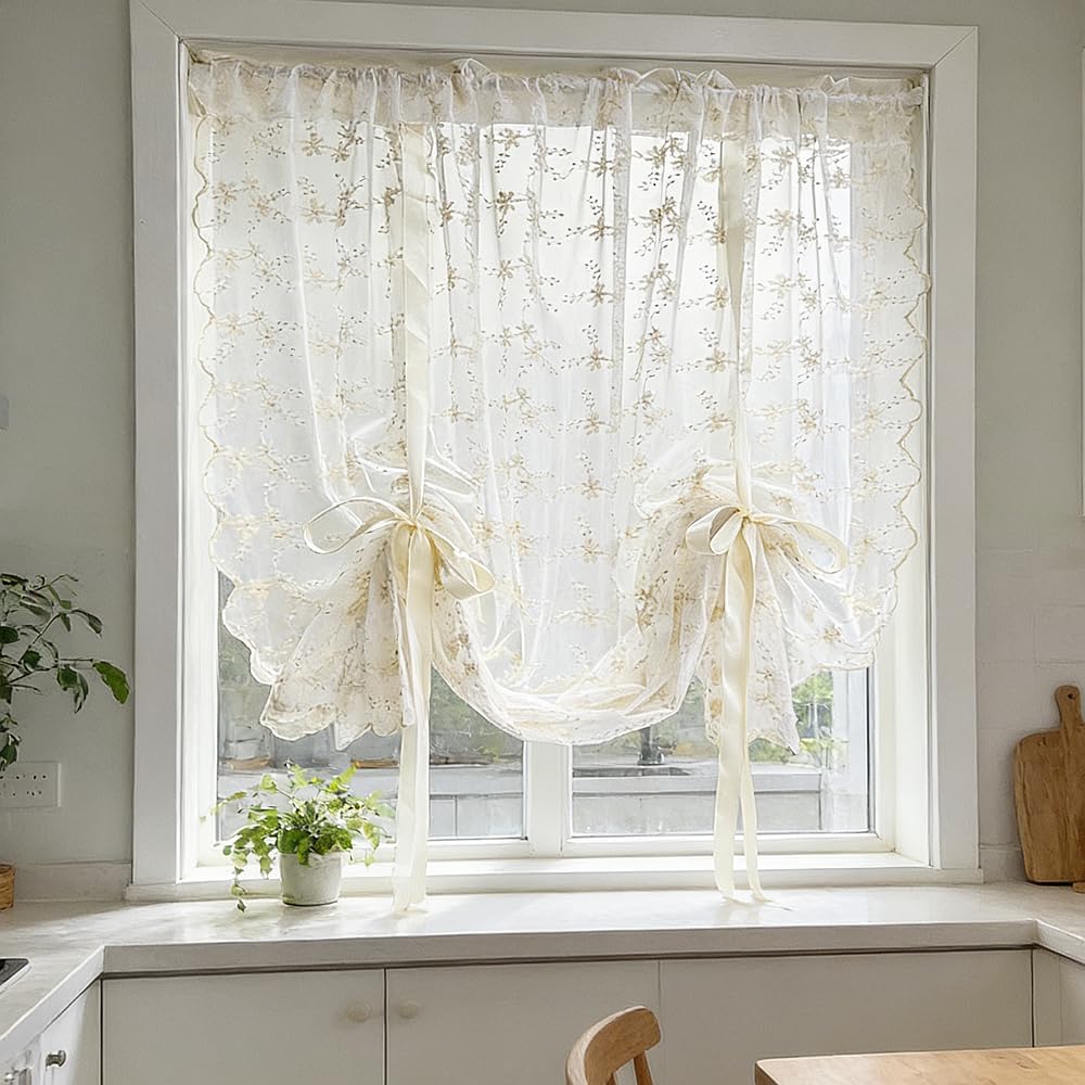 Beige Romantic Little Floral Woven Lace Tie Up Balloon Curtain for Kitchen