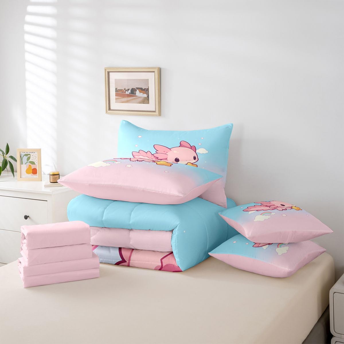 Erosebridal Teen Girl Cute Axolotl Twin Size Bedding Set Kids Pink Blue Princess 7 Pieces Comforter Set with Sheets Cartoon Rainbow Cloud Bed in a Bag Cute Ocean Marine Life Bed Sets
