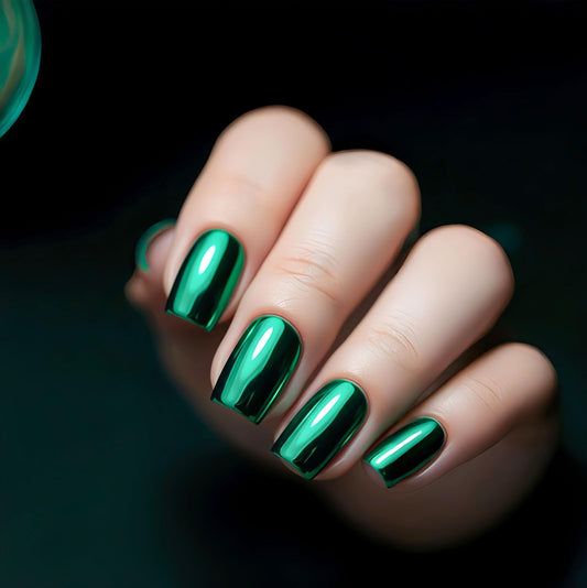 RUOKEXIN Medium Length Press on Nails Square Fake Nails Green Chrome False Nails Full Cover Nail Press ons Sparkly Artificial Nails for Women 24Pcs