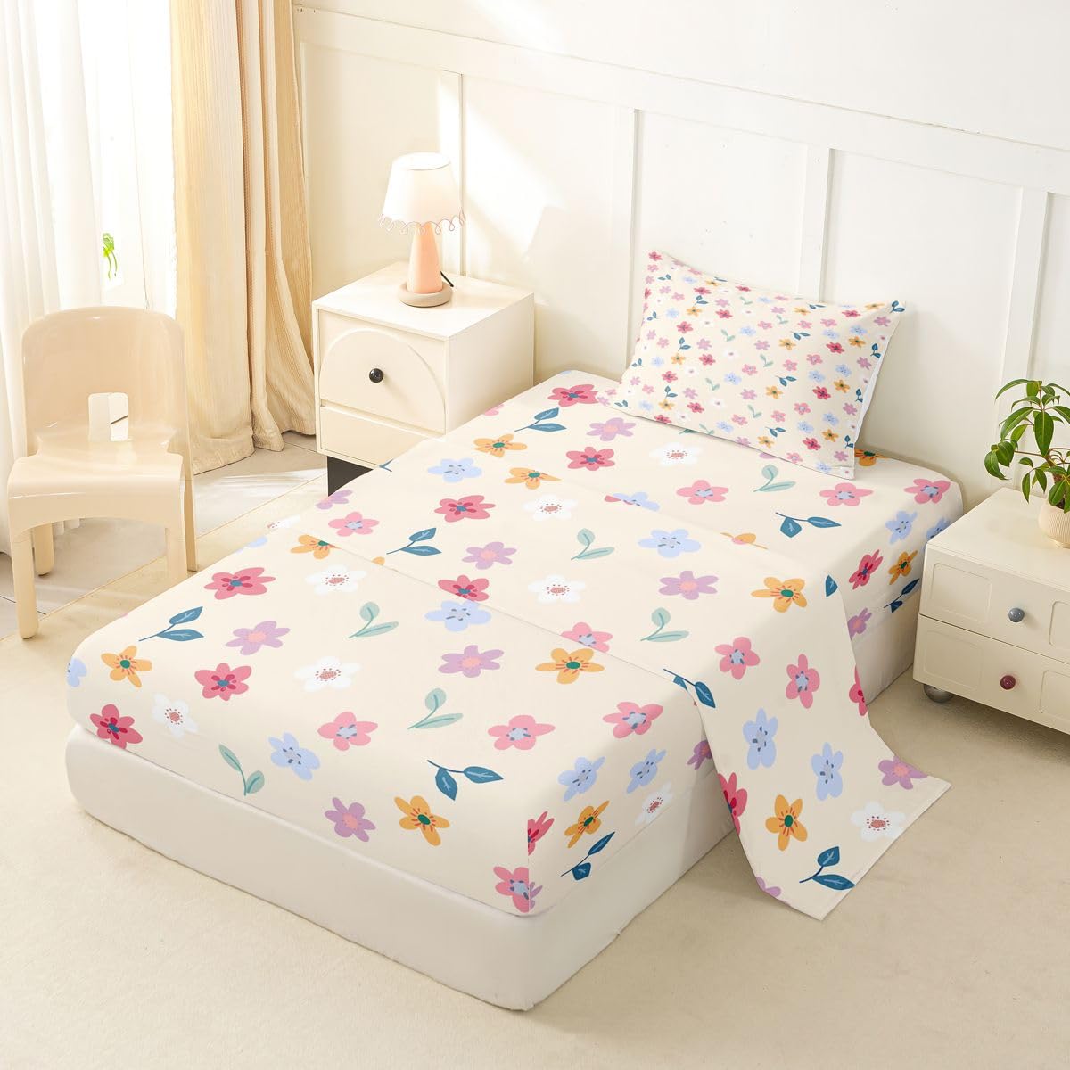 Erosebridal Cartoon Floral Bed Sheets Set Twin Boho Floral Leaves Sheet Set Farmhouse Flowers Plant Sheets Rainbow Wildflower Flat Fitted Sheet