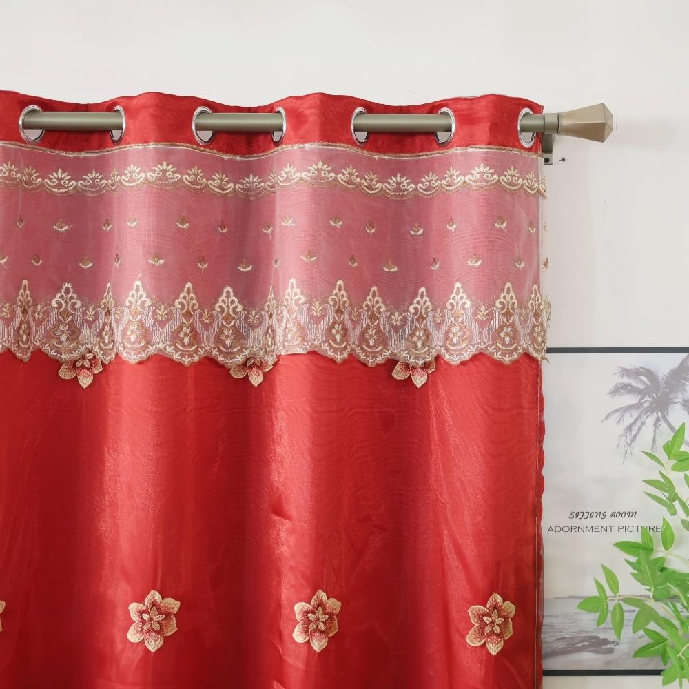 Amidoudou 1 Pair European Double Layer Curtains for Living Room Bedroom Luxury Flower Embroidered Curtains with Valance (Red,52x95 Inch)