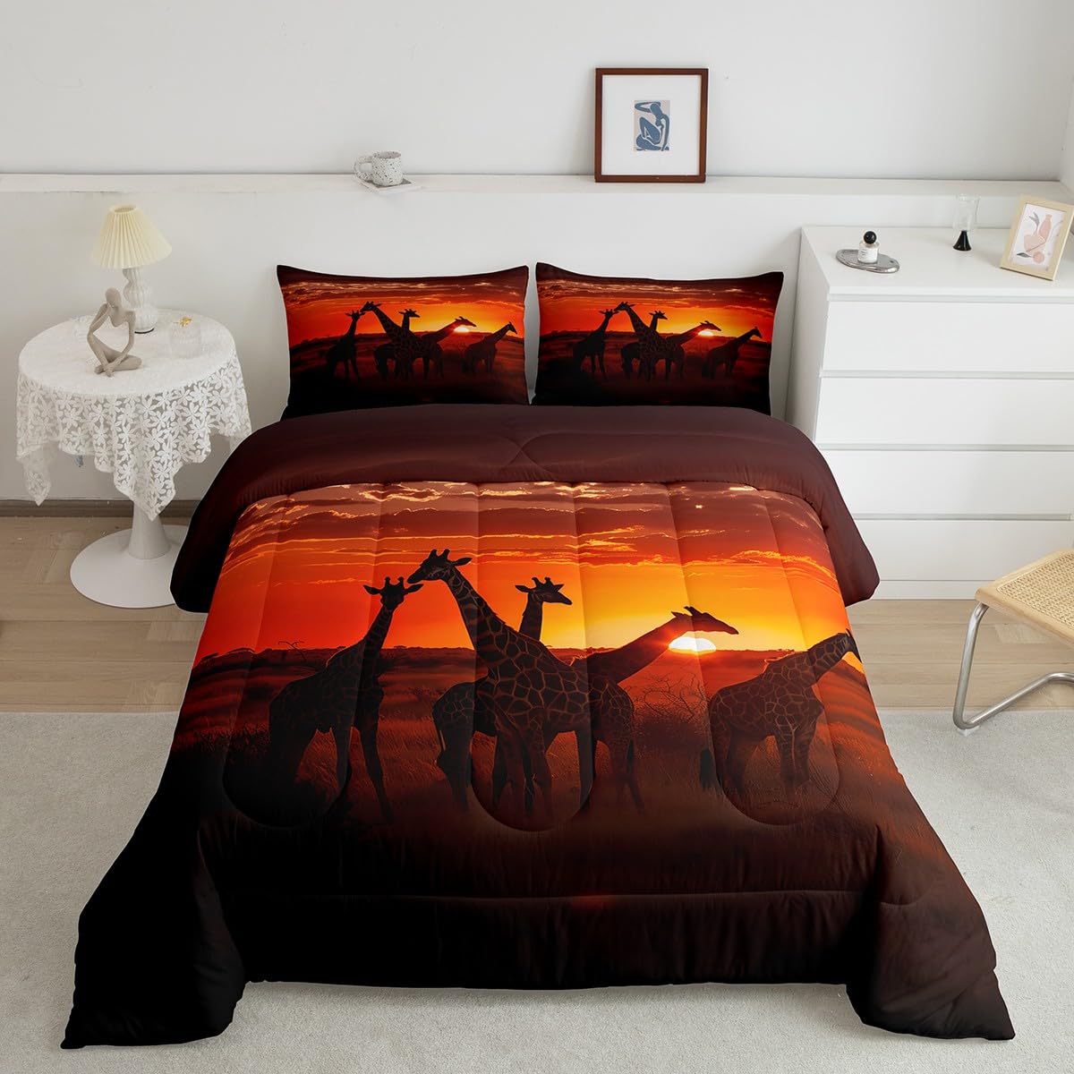 Erosebridal Giraffe Comforter Set 3D Giraffe Printed Bedding Sets 7 Piece Twin Natural Sunrise Scenery Bed in A Bag Jungle Wildlife Quilt with Flat Fitted Sheet Safair African Animals Pillow Covers