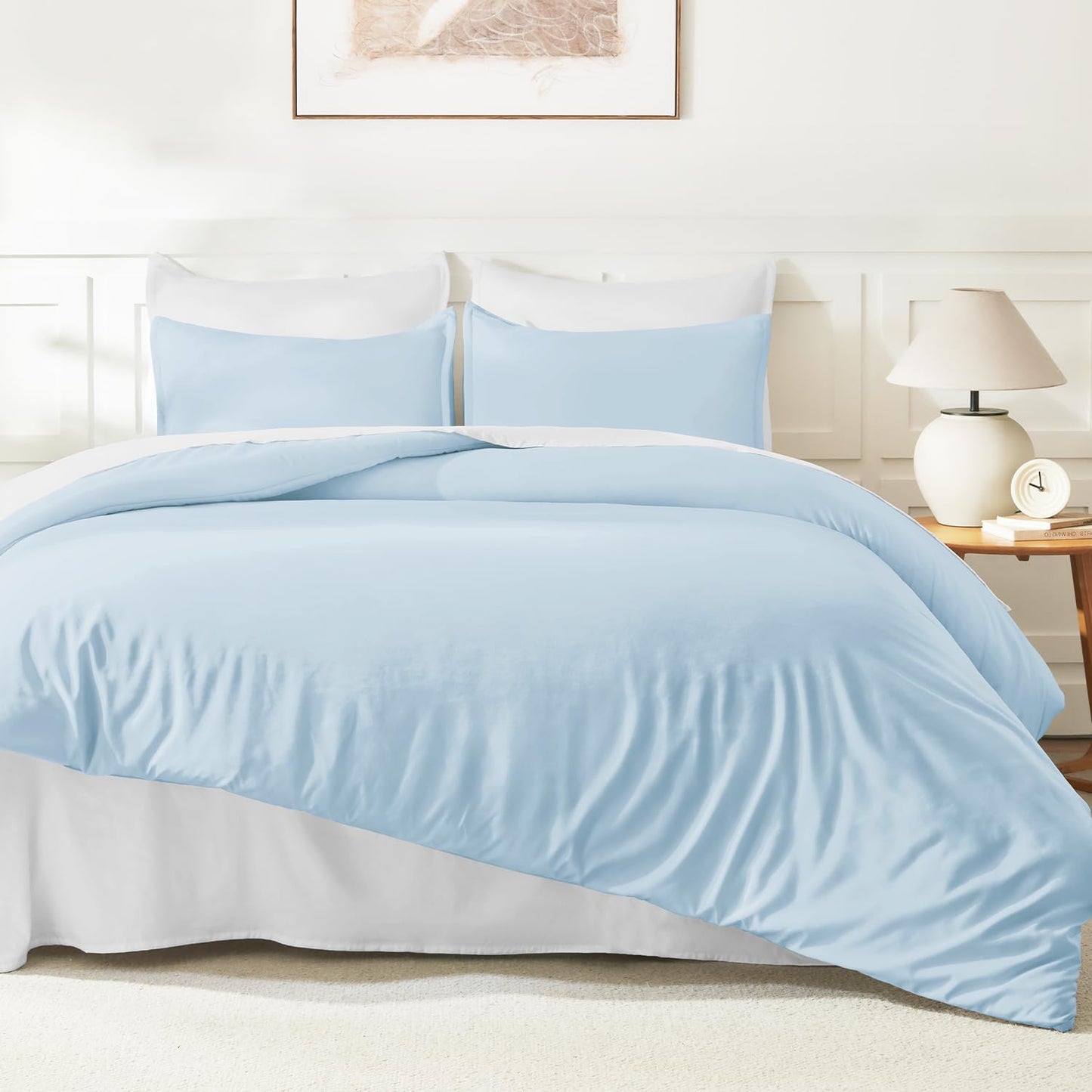 Litanika Comforters Light Blue King Size, 3 Pieces Lightweight Solid Bedding Comforter Set, All Season Fluffy Bed Set (104x90In Comforter & 2 Pillowcases)