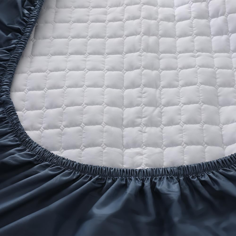 Seragio Quilted 100% Cotton Mattress Cover – 6 Colors, Machine Washable, Breathable & Stretchy, Fits up to 16-Inch Deep, Twin/Full/Queen/King (Navy, Twin)