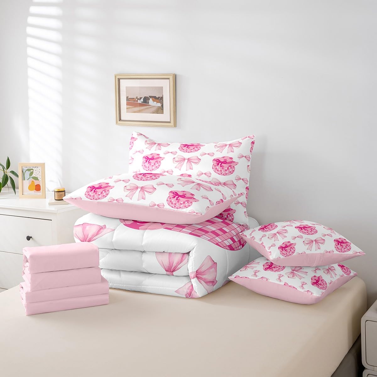 Erosebridal 7 Piece Pink Bowknot King Bedding Set for Girls Women,Western Cowgirl Kids Comforter Set,Disco Ball Duvet Set,Rustic Farmhouse Cowboy Quilt Comforter,Hippie Bow Valentine Day Sheet Set