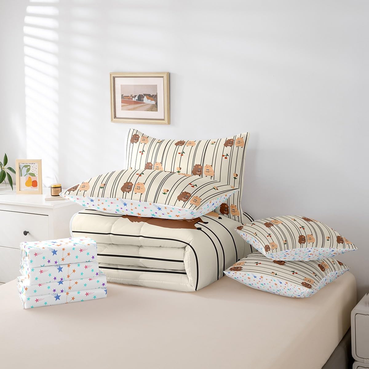 Cute Capybara Twin Comforter Set with Sheets, Lovely Beaver 7 Piece Bedding Set Cherry Fruit Geometric Flowers Pattern Bed in a Bag, Natural Theme Rodents Rodent Animals Print Decor