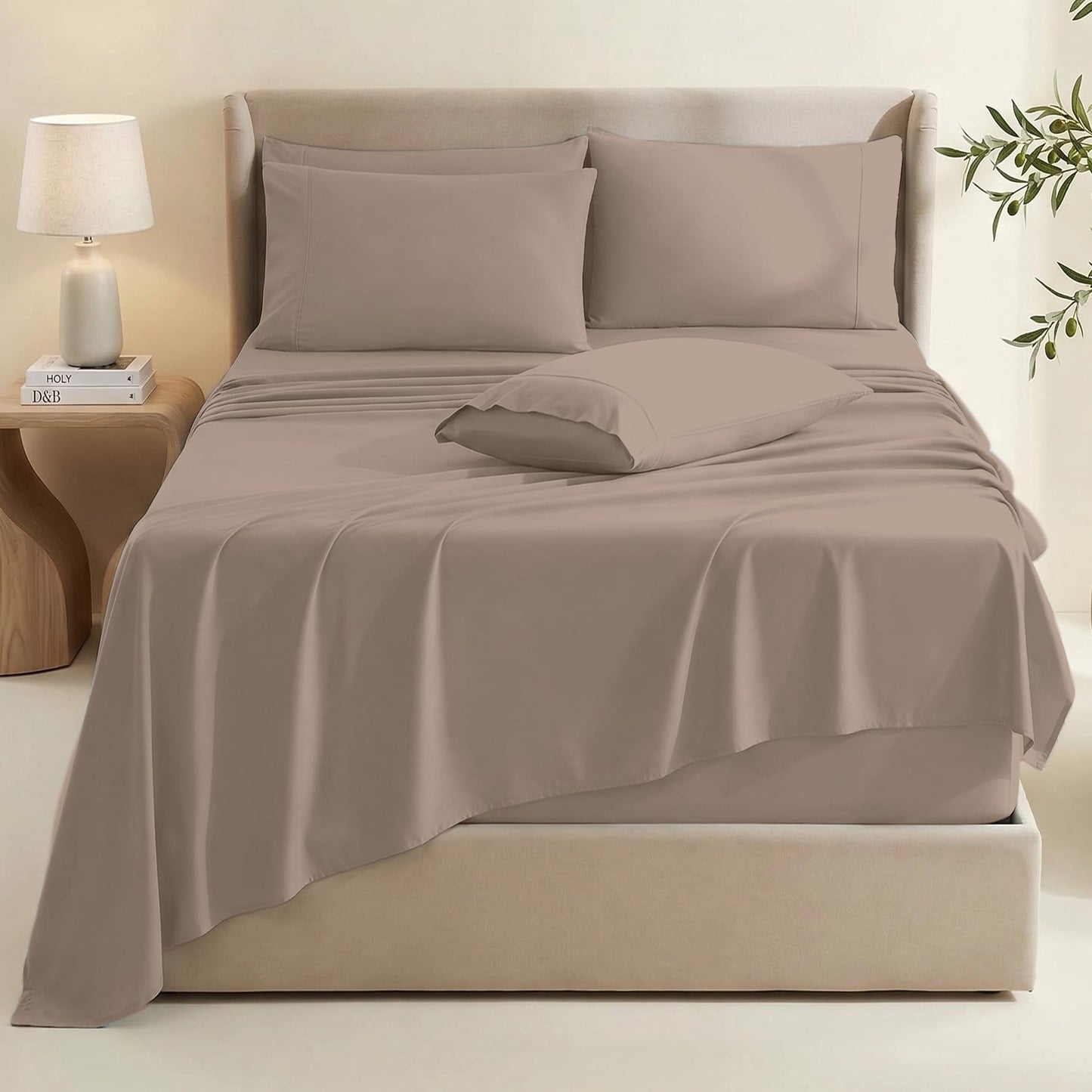Hearth & Harbor Extra Deep Pocket Queen Sheets Sets - Fits Mattress 18-24 Inches Deep - Extra Deep Pocket Sheets - 6 Piece Queen Size - Taupe