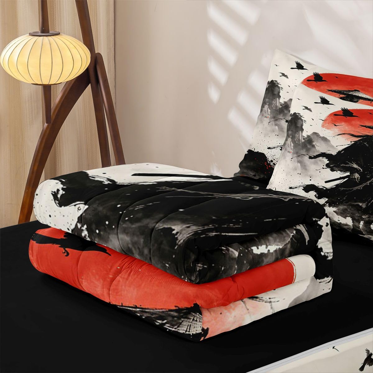 Feelyou Japanese Anime Zipper Bedding Full Samurai Zipper Bedding Sets for Kids Boys Girls Black Red Comforter Set with Fitted Sheet and 2 Pillowcases Bedroom Decor