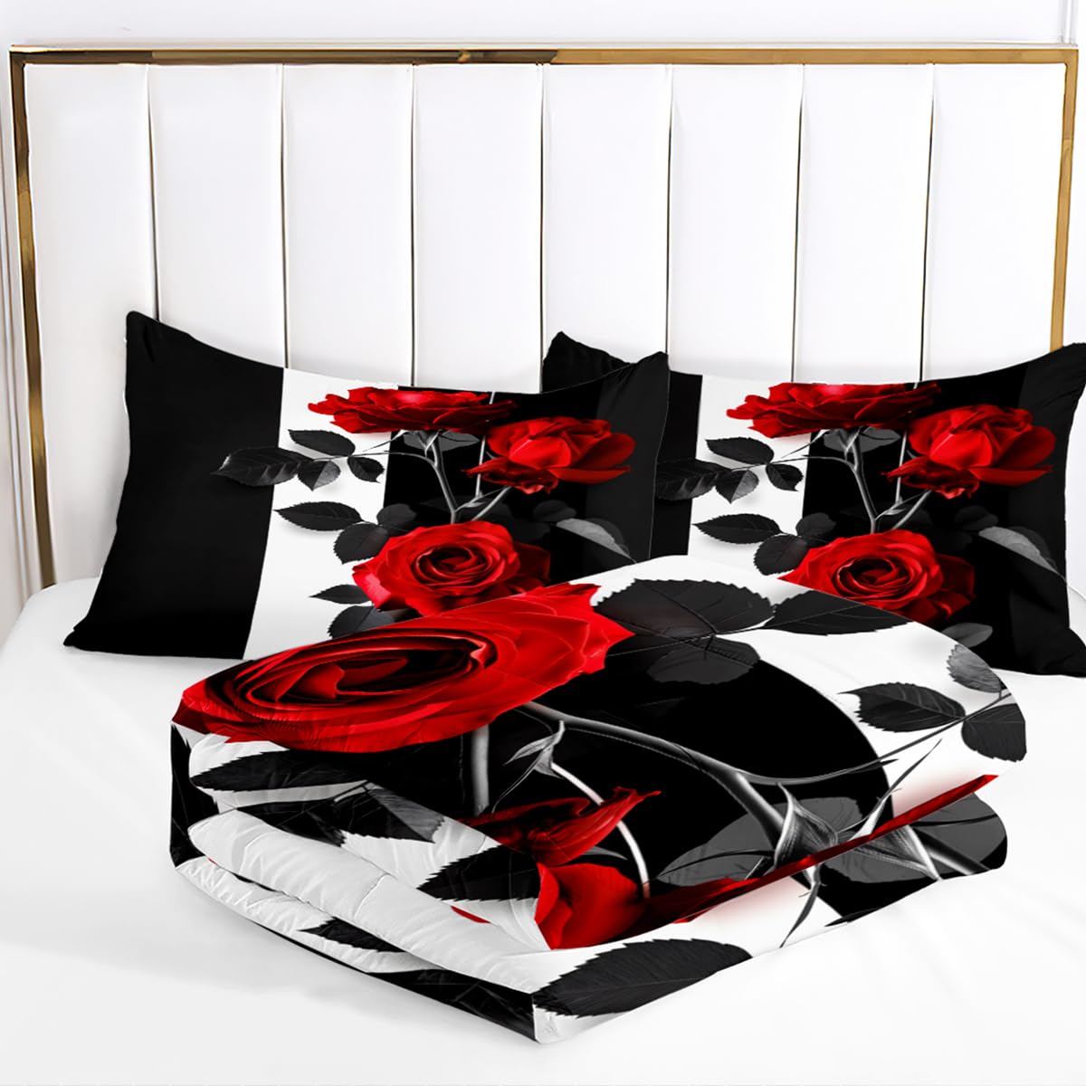 CCoutueChen Rose Comforter Set King Black Red Bedding Set Striped Floral Bedding for Women Aesthetic Comforter with 2 Pillowcases, Ultra Soft Lightweight 3Pieces