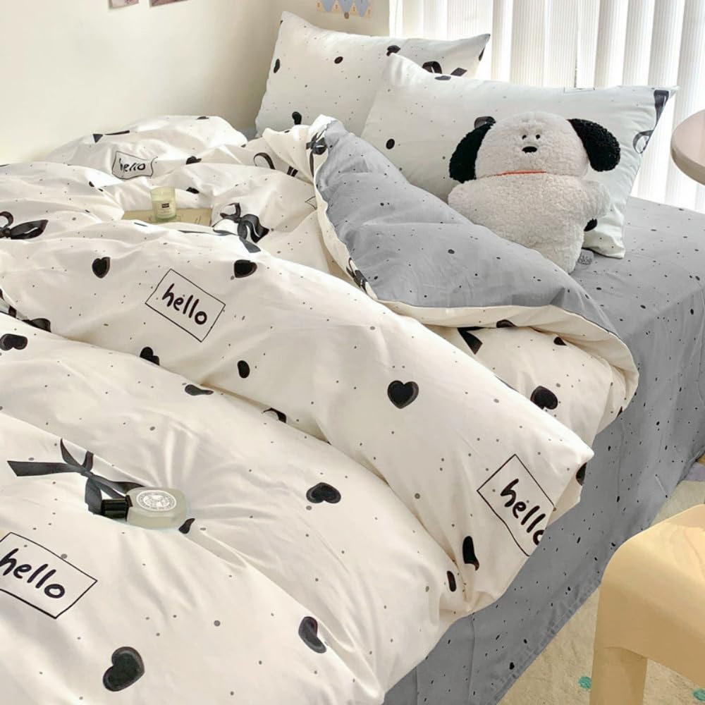 Sedefen Bow Duvet Cover Queen Size Heart Bows Printed Duvet Cover Set 3 Pcs Kids Girls Cute Love Pattern Dot Reversible Bedding Set with Zipper Ties Soft Breathable Microfiber